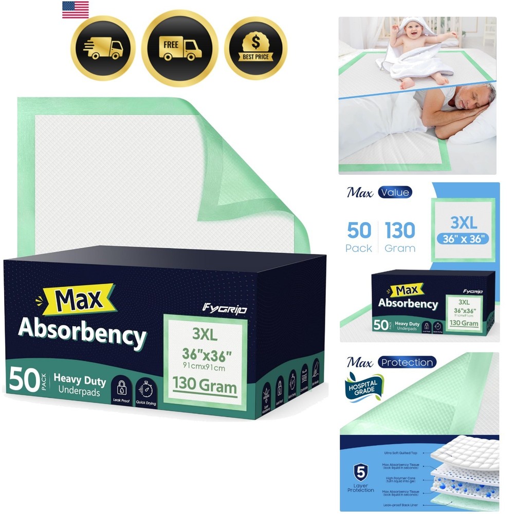 50 Count Hospital Grade 130 Gram 36” x 36” Max Absorbency Disposable Underpad…