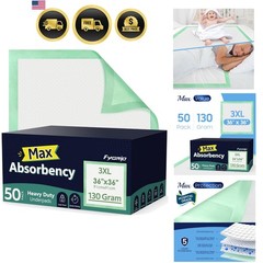 50 Count Hospital Grade 130 Gram 36” x 36” Max Absorbency Disposable Underpad…
