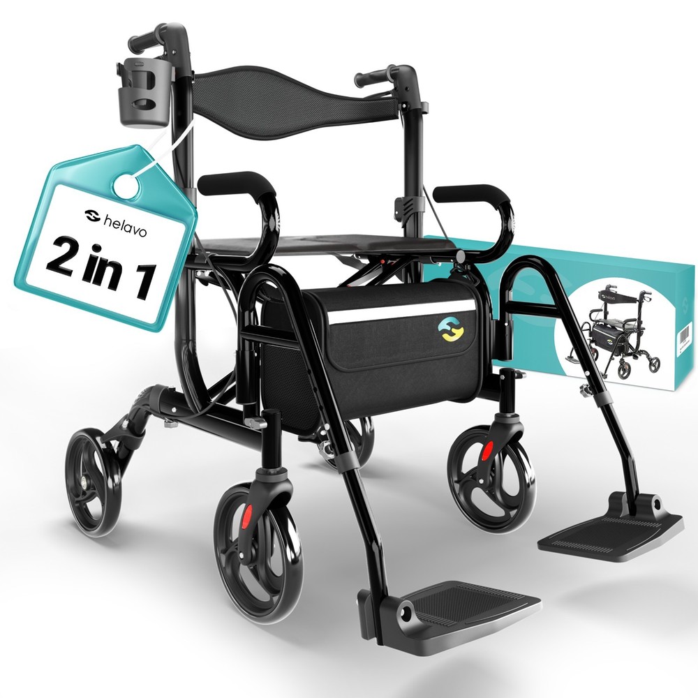 Helavo 2-in-1 Rollator Walker Wheelchair Combo, Foldable, 300lbs Capacity