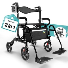 Helavo 2-in-1 Rollator Walker Wheelchair Combo, Foldable, 300lbs Capacity