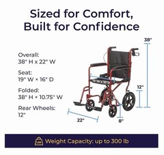 Medline Transport Wheelchair. Lightweight, Foldable, 12” Wheels, Color Red NEW