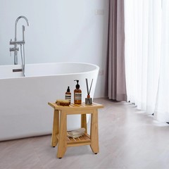 Compact Teak Shower Bench with Storage Shelf – Waterproof & Non-Slip Seat
