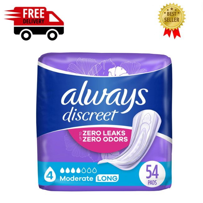 Always Discreet Incontinence Pads for Women Moderate Long 54 Count-FREE SHIPPING