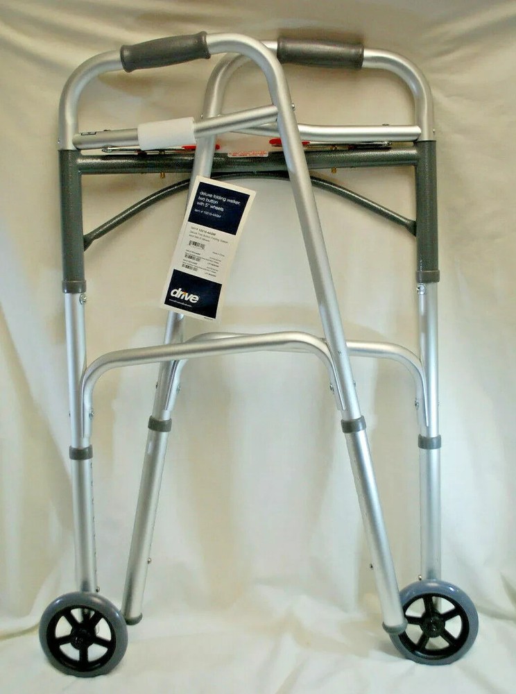 Drive Deluxe Folding Walker #10210-4ASM Two Button w/5″ Wheels 350lbs Cap M4944
