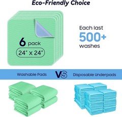 6 Pack 24” x 24” Extra Heavy Absorbency Washable Underpads, Waterproof Nursing