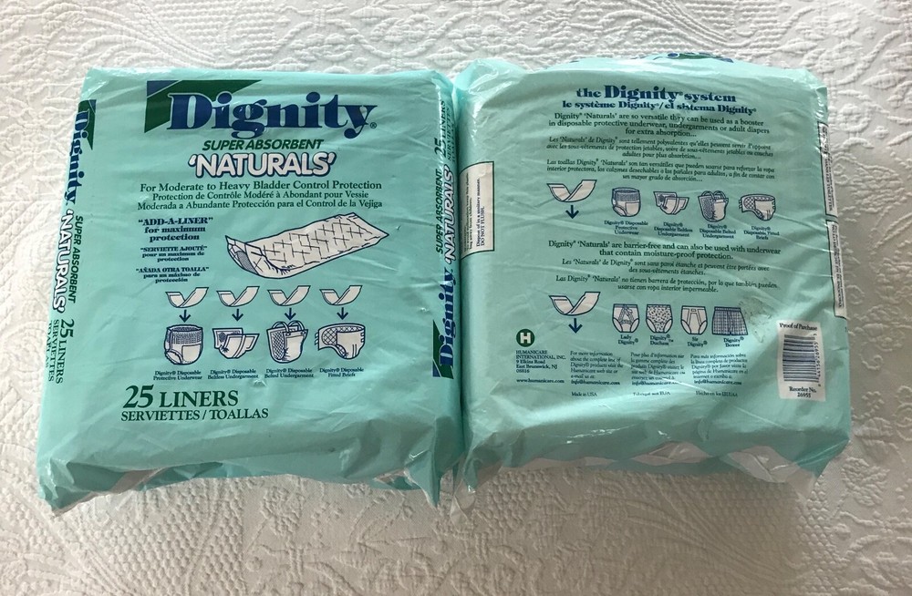 (2) Dignity Super Absorbent Naturals For Moderate to Heavy Protection 25 Liners 