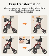 Used 2-in-1 Rollator & Transport Chair – Lightweight Foldable – Red