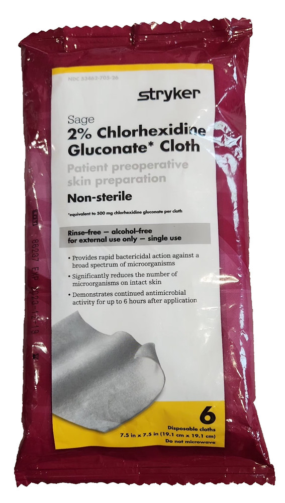 Stryker Sage 2% Chlorhexidine Gluconate Pre-op Prep Wipes 1 Pack w/6 Wipes NOS