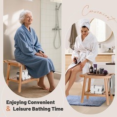 Waterproof Bamboo Shower Bench Stool with Storage Shelf – Spa Bathroom Chair