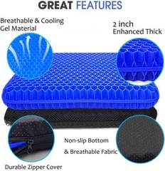 Extra Thick Gel Seat Cushion 16.5×14.5×2 Blue Comfortable Pain Relief