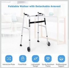 Folding Aluminum Alloy Wheel Walking Frame Adjustable Walker W/Armrest Support