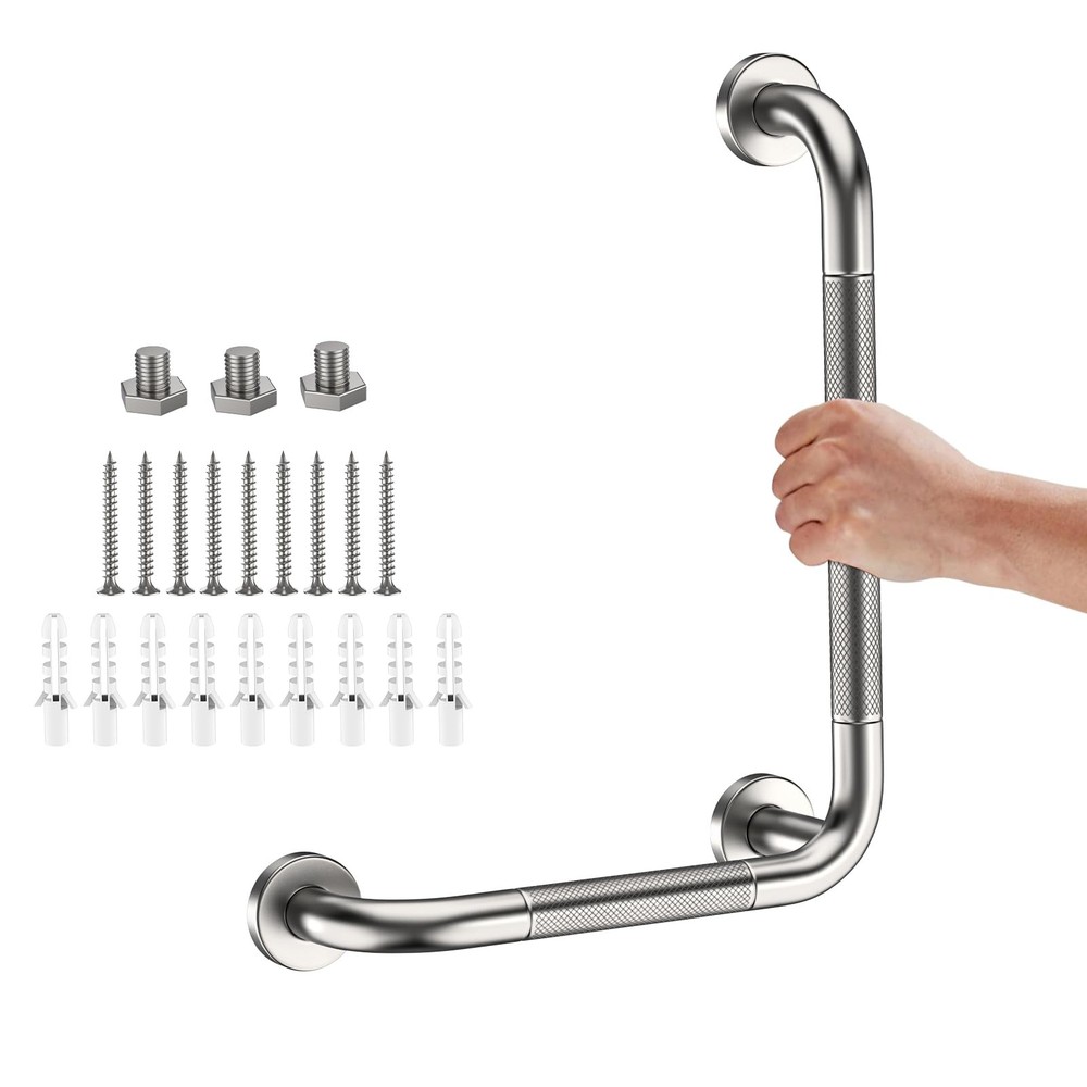 L-Shaped Angled Grab Bar 12×16 Inch Brushed Nickel Anti-slip Knurled Shower H…