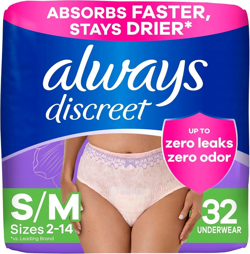 Always Discreet Incontinence & Postpartum Underwear for Women Small/Medium 32 Ct