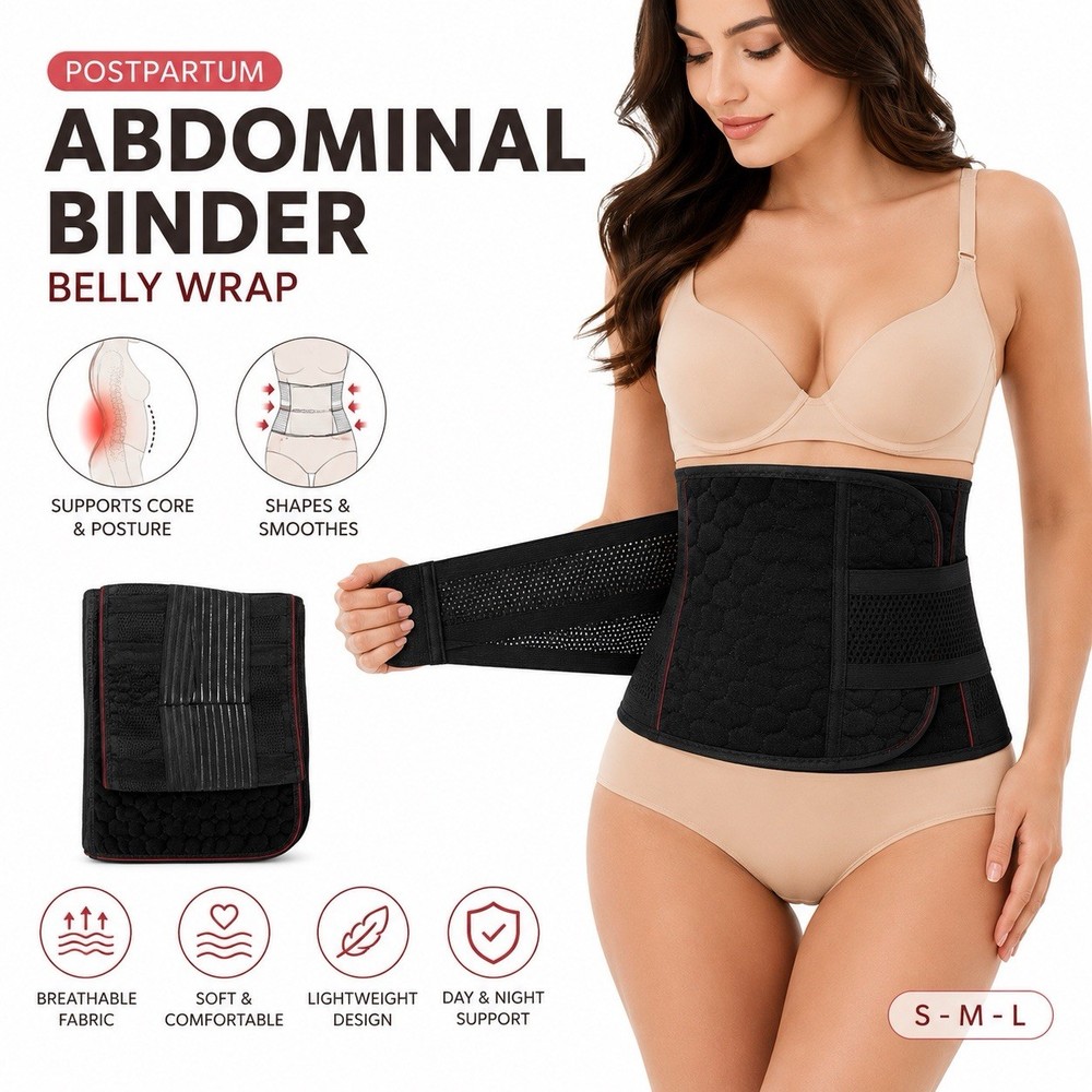 Women Postpartum Belly Binder Compression Wrap C-Section Support Belt Black/Red