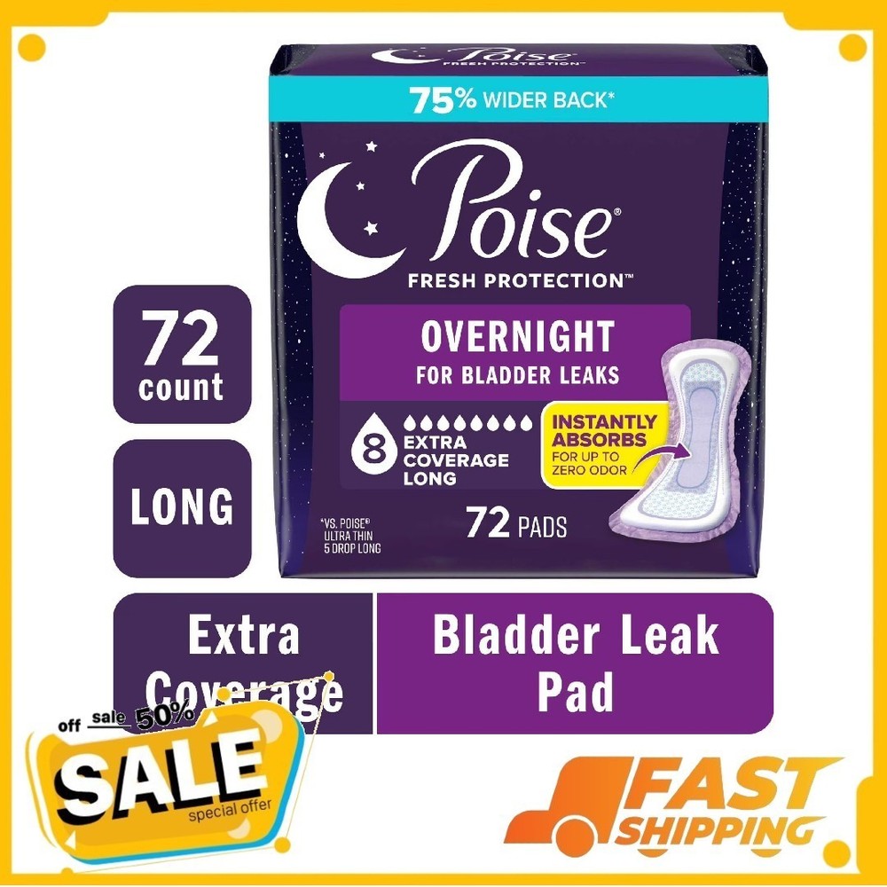 Poise Overnight Incontinence & Postpartum Pads, 8 Drop Extra Coverage, 72 Count