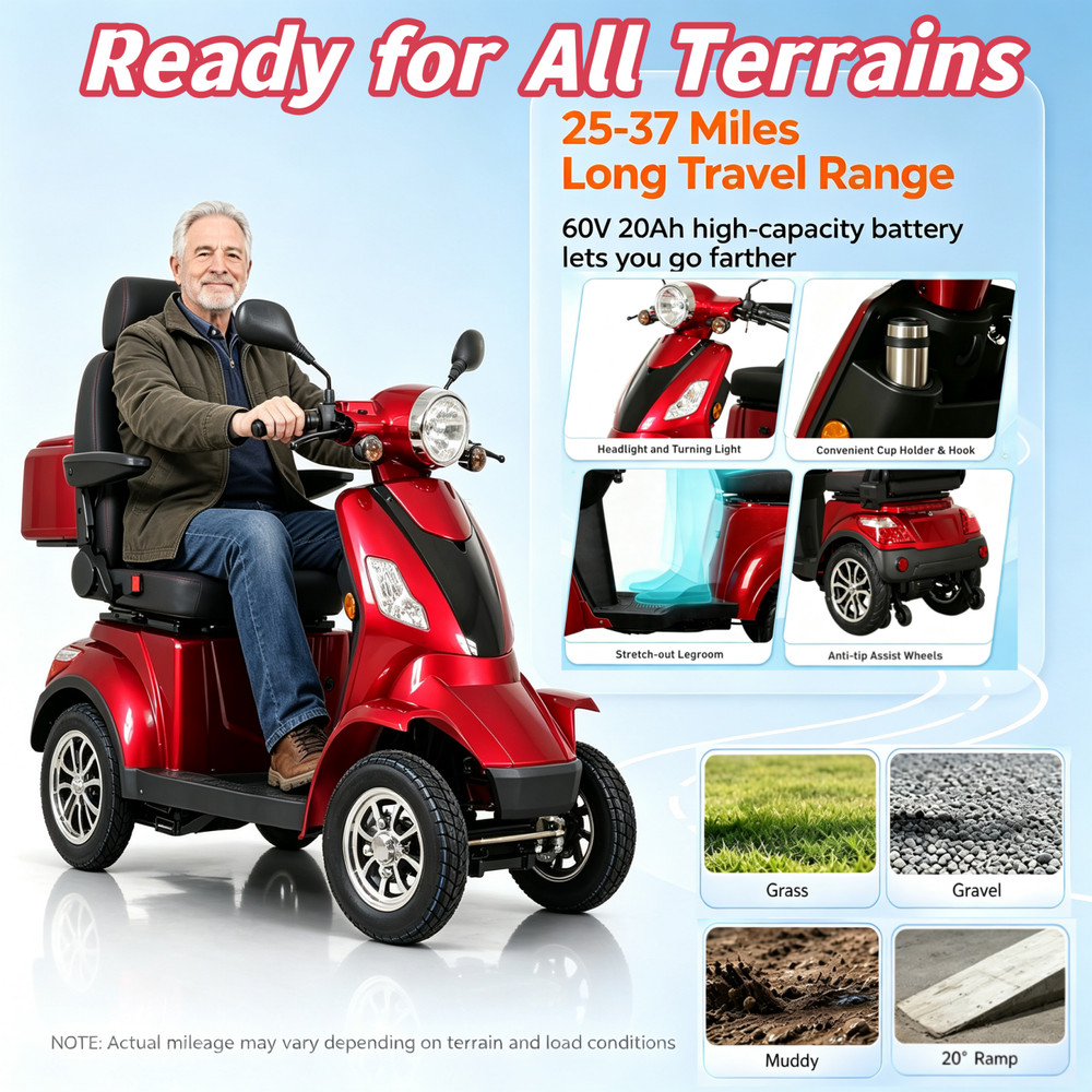 1000W Heavy Duty 4Wheel Mobility Scooters 500lbs Capacity Electric Powered Chair