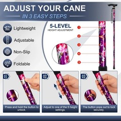 supregear Folding Cane, 5-Level Adjustable Height Walking 10″, Purple Floral