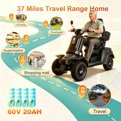 1000W Heavy Duty 4 Wheel Mobility Scooters 60V Max Weight Capacity 800 lbs BLACK