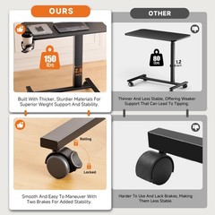 COMHOMA Adjustable Overbed Bedside Table with Lockable Wheels, Pneumatic Mobi…