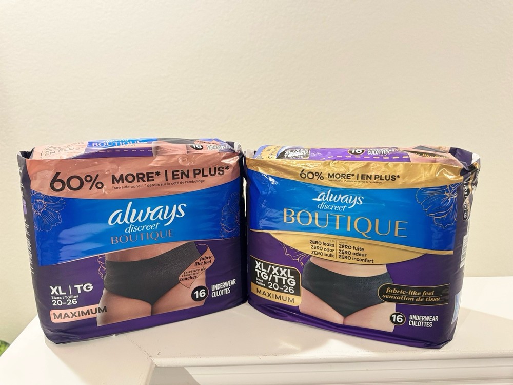 ALWAYS Discreet Boutique Incontinence Underwear, XL ,Black,16 Count. 2 PACKAGES