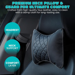 Set of 2 Quilted Faux Leather Car Headrest Pillow, Black Case/Black Threading, E