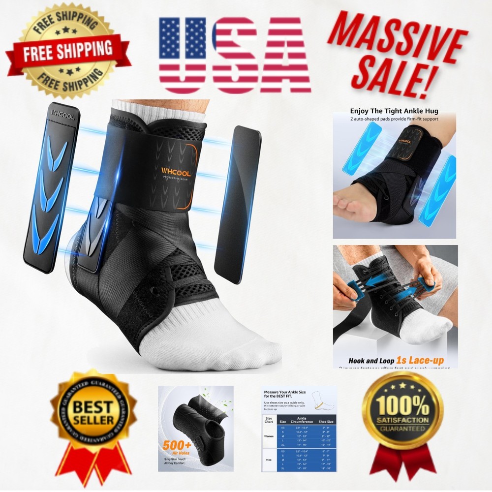 Slim-Fit Ankle Brace with Quick Lace-Up & 2 Shaped Pads for Sports M 12-13”