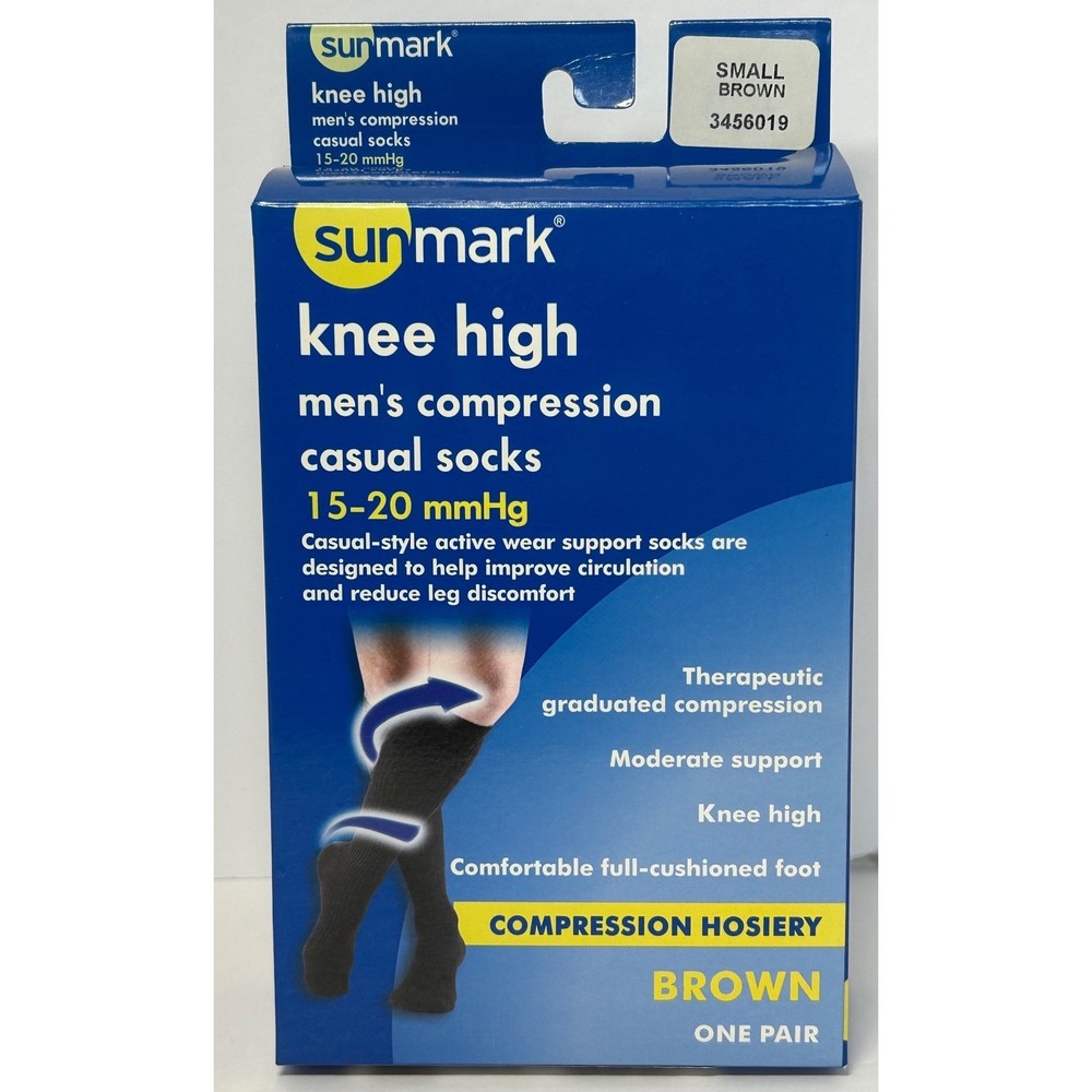 Sunmark Knee High Compression Socks Men’s Casual 15-20 mmHg Small Brown