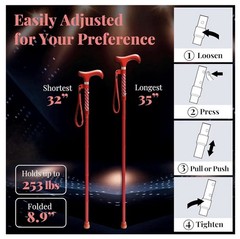 Merry Sticks Walking Collapsable Cane Ergonomic Handle & Wrist Strap DazzlingRed