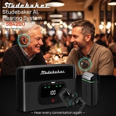 Studebaker AI Hearing System TV Base 2 Earbuds 2 Clip Mics Rechargeable