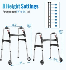 Lightweight Foldable Walker for Seniors, One-Hand Folding, 8 Height Adjustments,