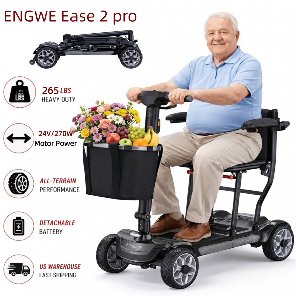 Foldable Mobility Scooter 4 Wheel 42lb Lightweight 15Mile 265lb Airline Approved