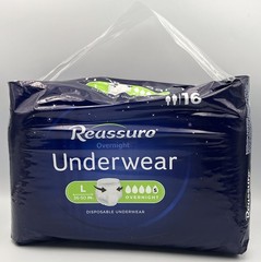 Reassure Unisex Adult Overnight Underwear Size L 36”-50” ~ 4 Packs (16 ea) = 64
