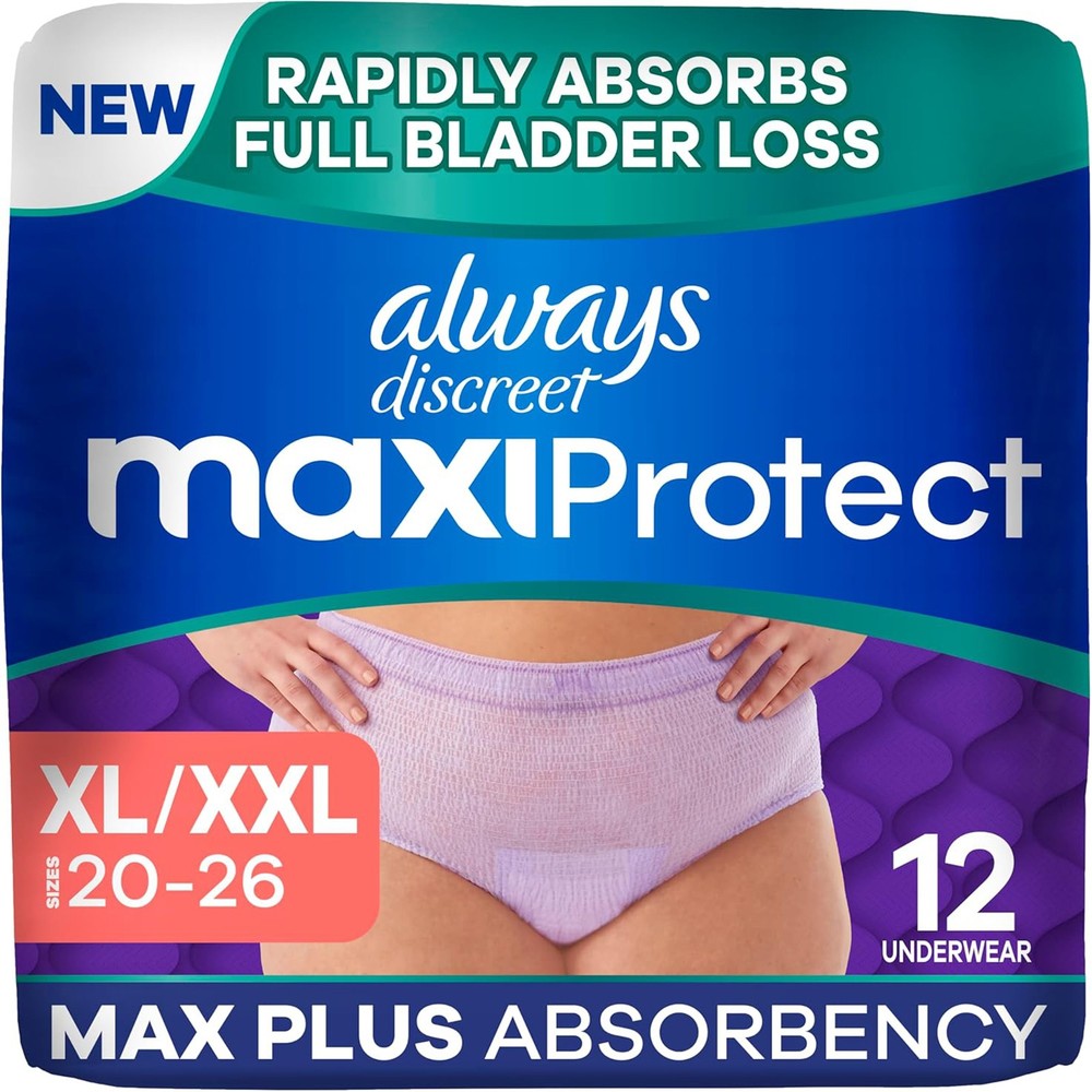 Always Discreet MaxiProtect Women Diapers, Maximum Absorb, XL/XXL, 12Ct