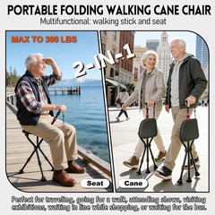 300-Pound Capacity Folding Cane with Seat, Adjustable Seat & Cane Height, Por…