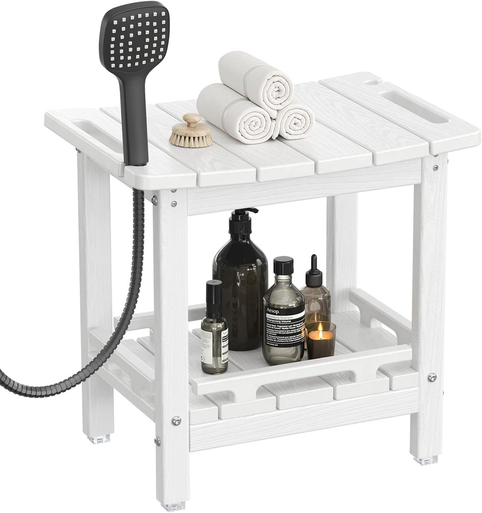 HDPE Shower Bench with Storage Shelf & Handles for Indoor/Outdoor Use – White
