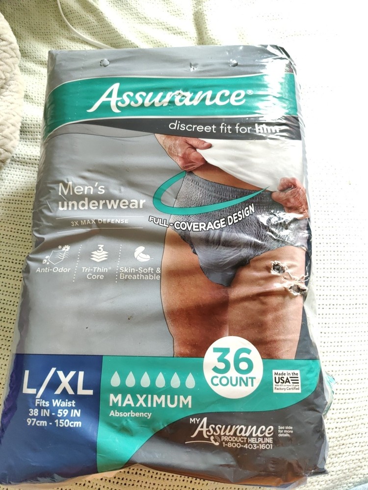 Assurance Men’s Underwear Large Extra Large 36 Count Gray