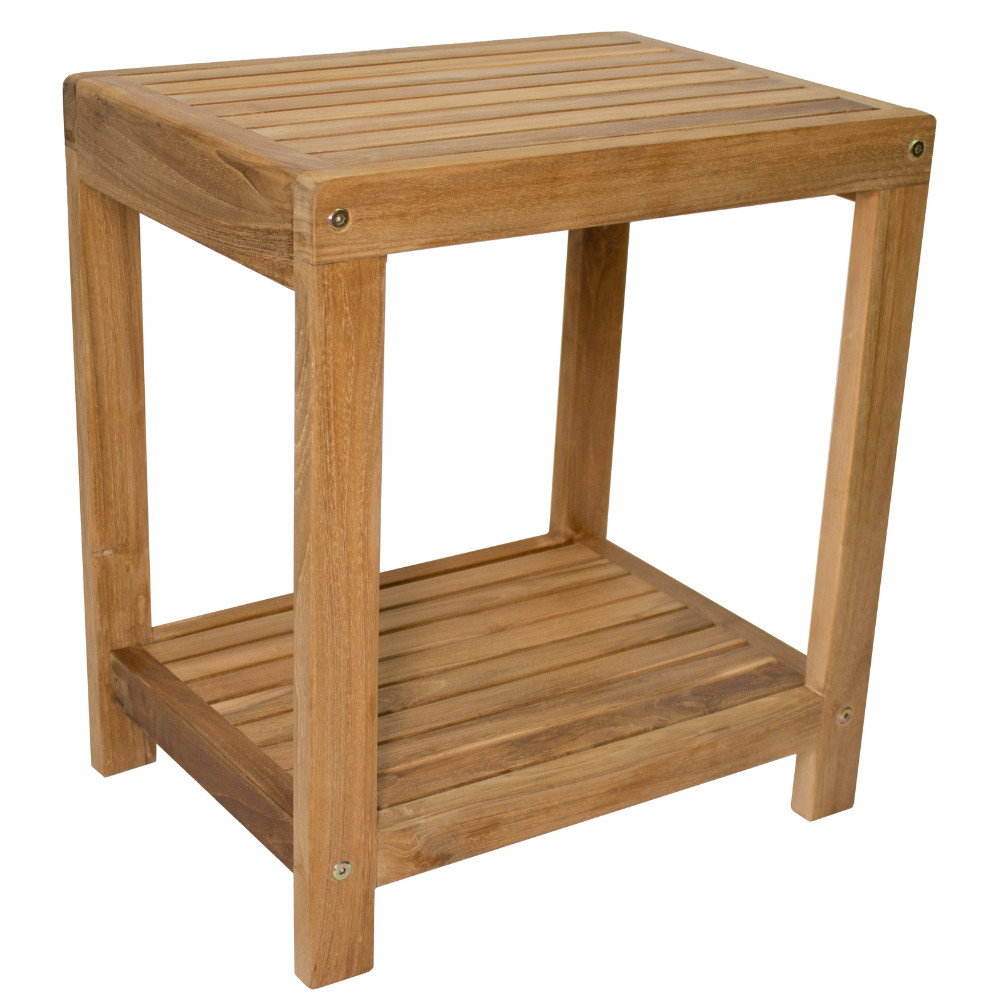 Nordic Style Natural Teak Wood Shower and Bath Spa Bench with Shelf – 18″