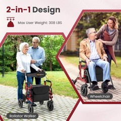 2-in-1 Rollator Walker for Seniors with Seat 9″ Pneumatic Tires for All Terrain