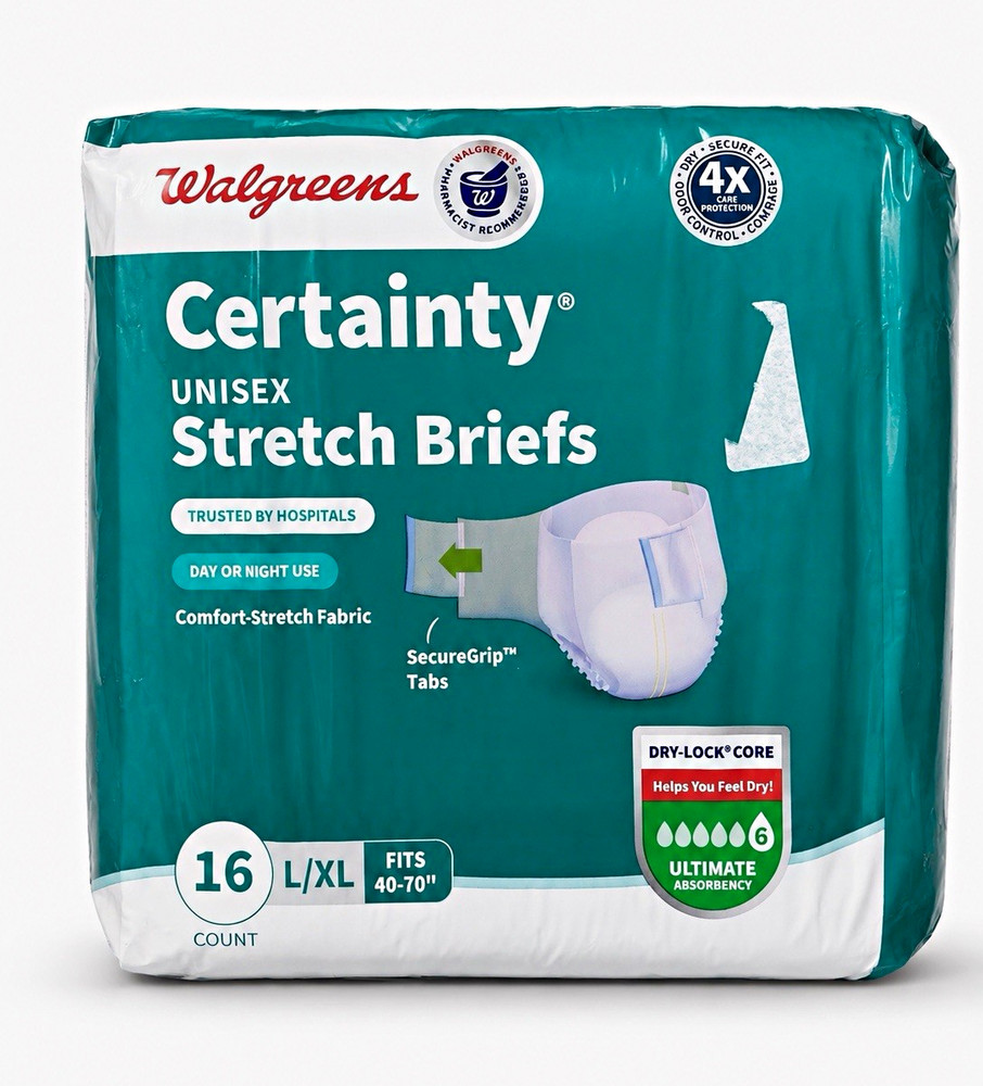 Walgreens Certainty Stretch Briefs L/XL Ultimate Absorbency 16 Ct White