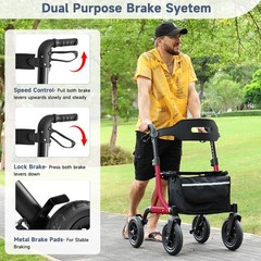 Walkers for Seniors, Rollator Walker with Seat, 4x 10″ Rubber Wheels All Terrain
