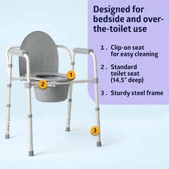 3-in-1 Commode Toilet Seat Adjustable Height Folding Steel Frame Bedside Aid New