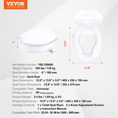 VEVOR Raised Toilet Seat 4″ Raised 300 lbs Universal Toilet Riser for Elderly