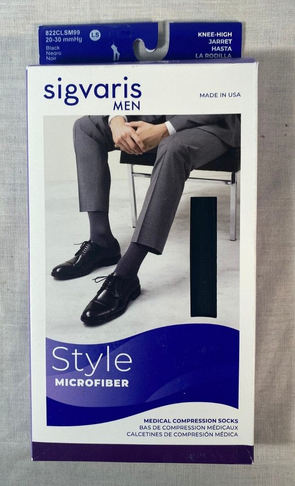 New Sigvaris Black Compression Socks Style Microfiber Men’s 20-30 mmHg – Size LS