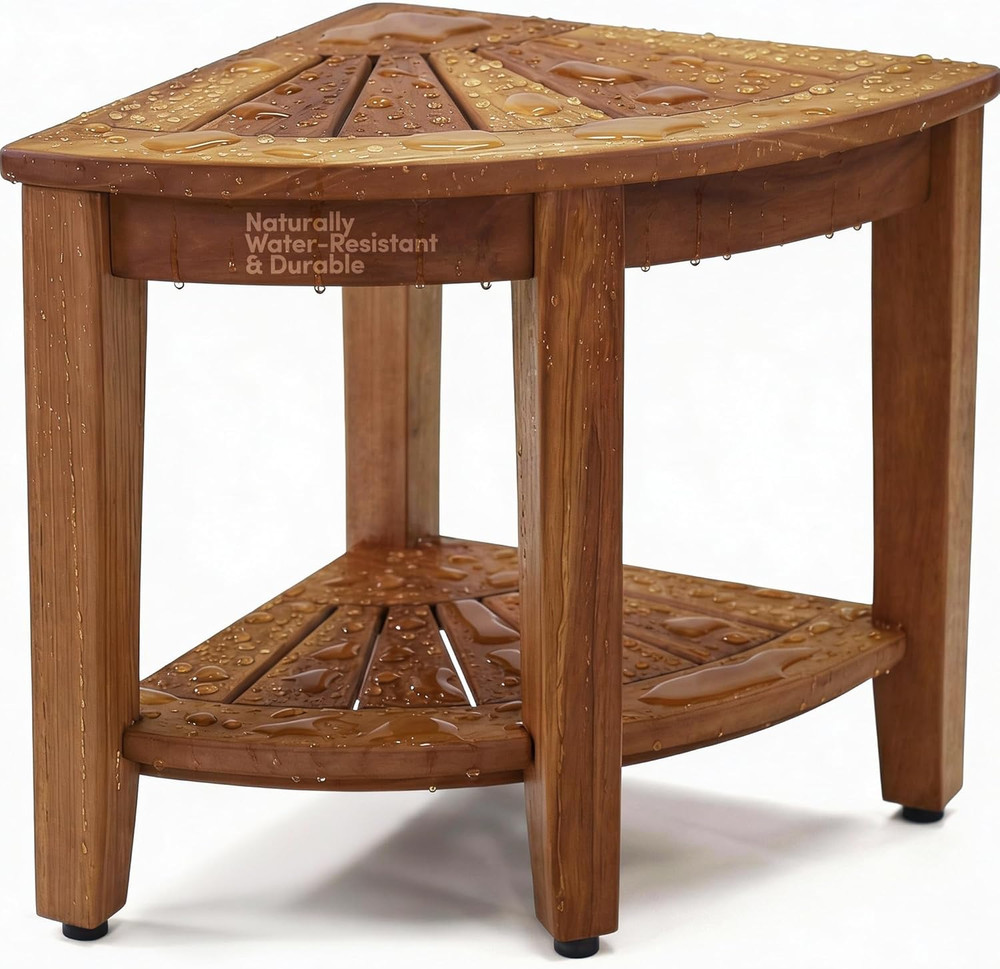 the Original 15.5″ Kai Corner Teak Shower Bench – Shower Stool with Storage Shel