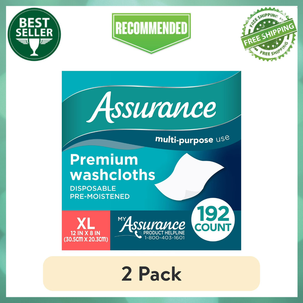 2pk Assurance Premium Disposable Washcloths Pre-Moistened Body Wipes, XL, 192 Ct