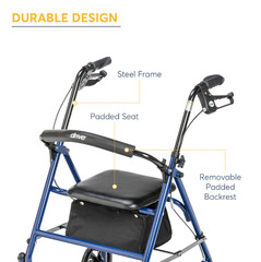 Drive Medical 10257BL 1 4 Wheel Rollator Walker With Seat, Steel Rolling Walker