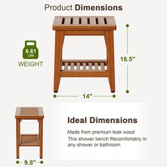 Jekruiet 14″ Compact Premium Solid Teak Shower Bench with Storage 14″, Brown