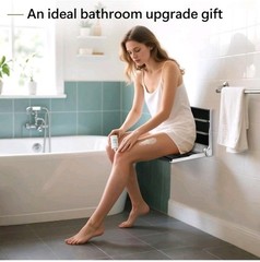 16″ Wall Mounted Shower Seat, Black Teak Fold Down Bench for Elderly, Disabled