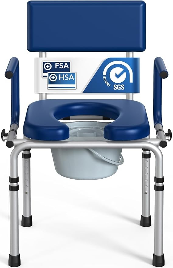 Drop Arm Bedside Commode Padded Seat 400lb 6.3QT Bucket Blue