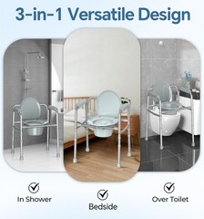 3-in-1 Bedside Commode Toilet – Height Adjustable, Portable, 350lb Capacity, Eas